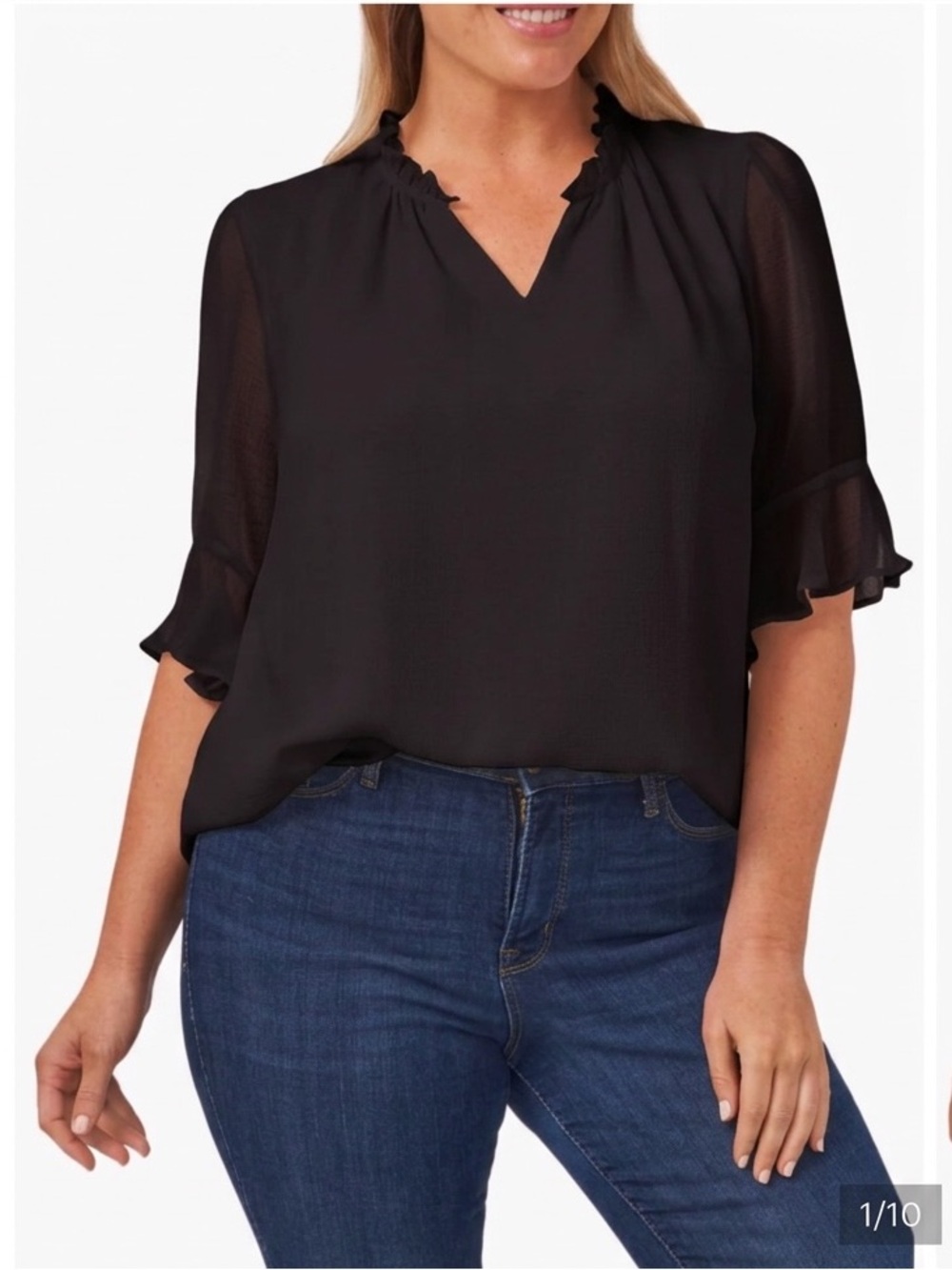 CeCe Black Ruffled V-Neck Blouse with Sheer Flutter Sleeves #94